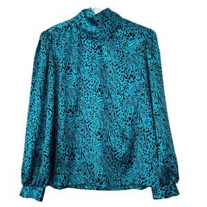 Vintage Jeri Marque animal print Satin handkerchief neck puff sleeves 70s 80s S